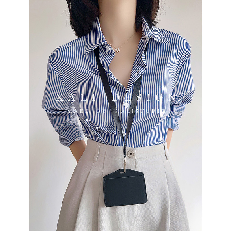 XALI Style Rhythm Blue and White Striped Shirt Women's Blue Shirt Loose Layering Top Commuter Outfit Women's Clothing