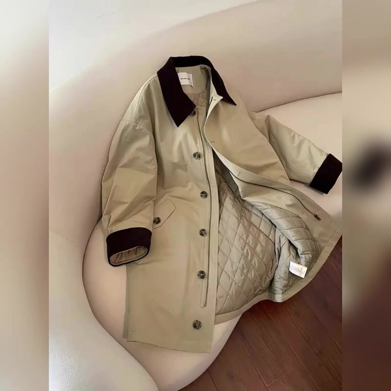 Европейский ретро стиль, повседневная хлопковая куртка с отворотом в нишевом стиле, ветровка средней длины цвета хаки, женская куртка 2026, новинка осени и зимы