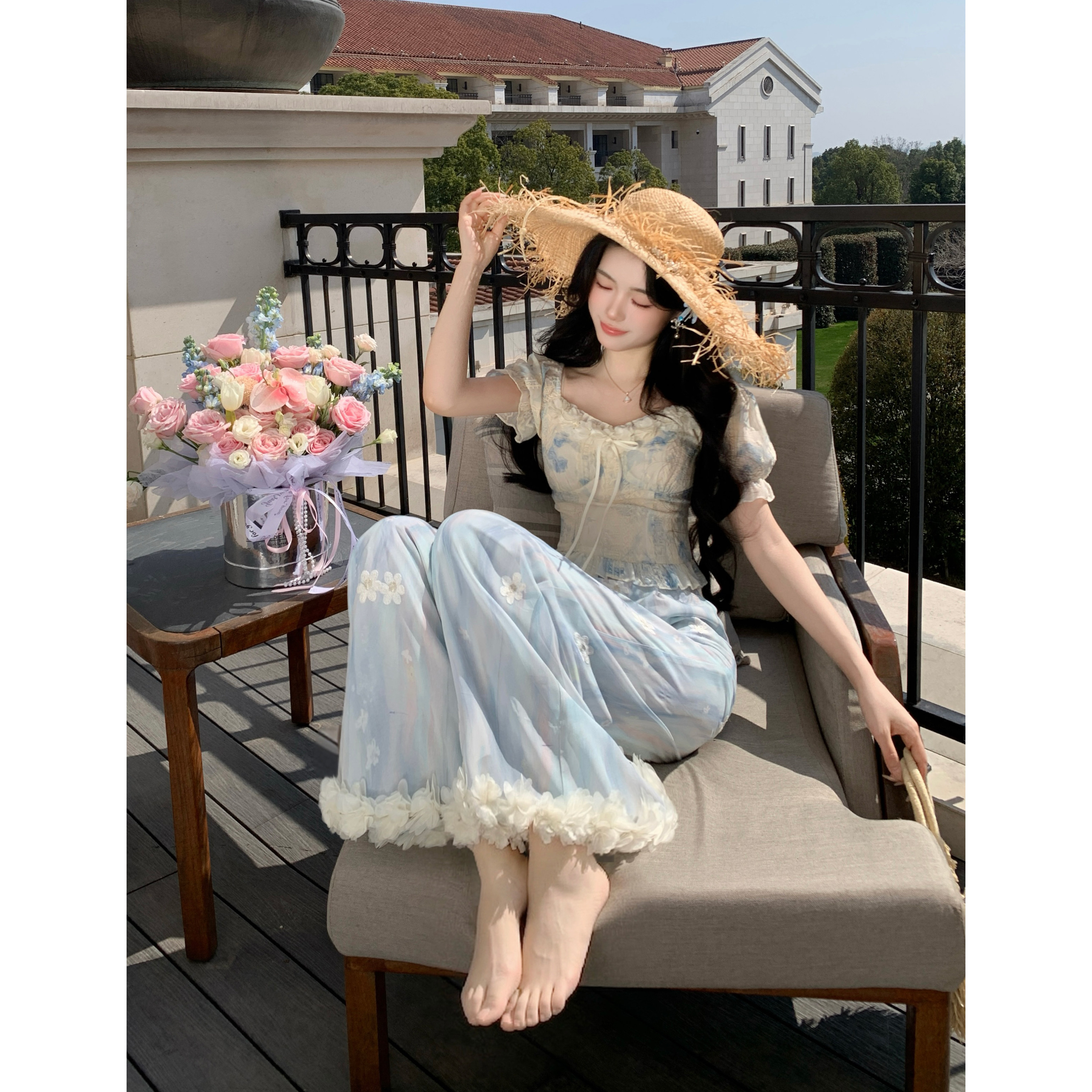 Широкие брюки Blovelan flower room dream vacation с эластичной резинкой на талии, свежими вышивками и пятнами, кружевные брюки лето