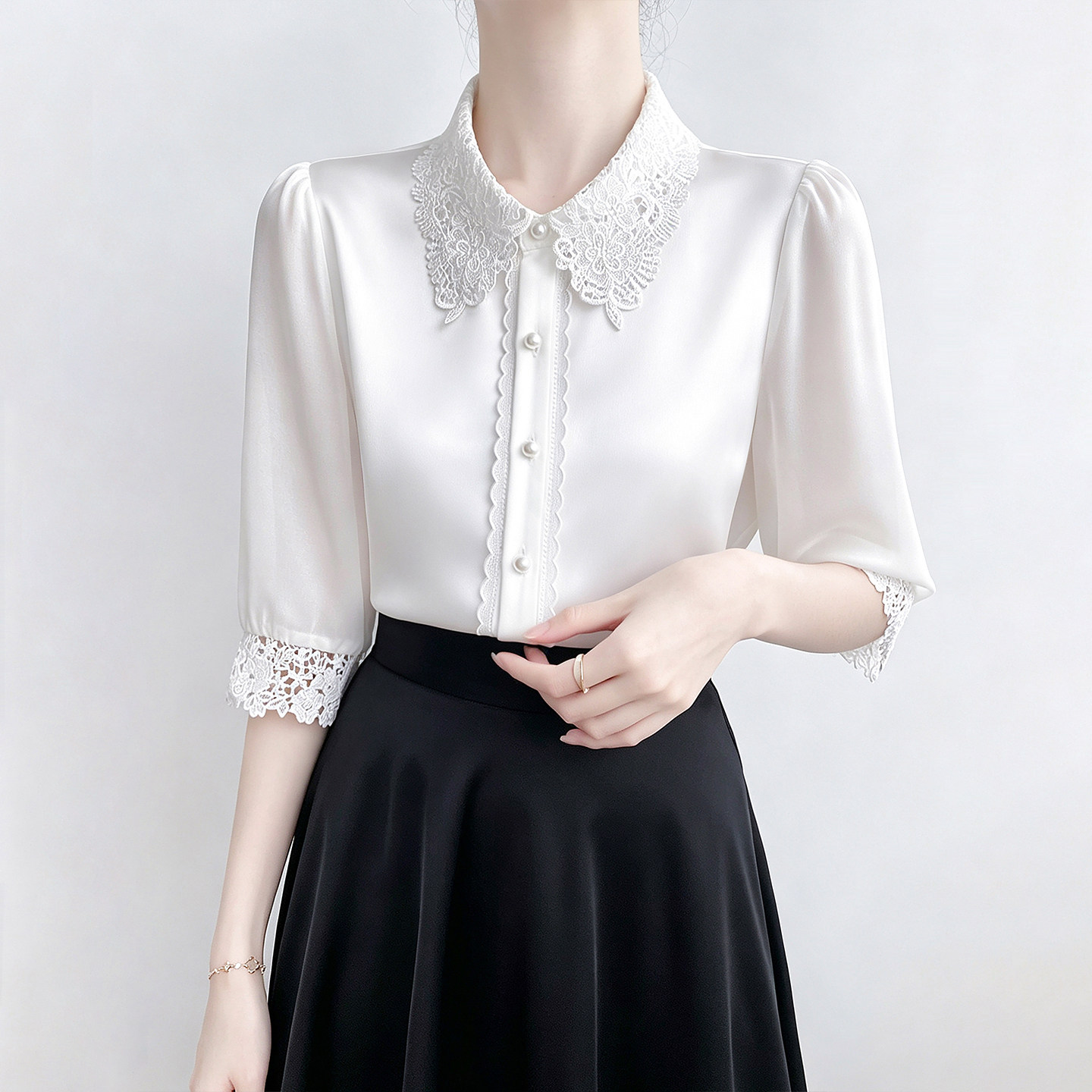 Han Boya hollowed-out lace collar white shirt for women, summer design, versatile, commuting, five-quarter sleeve satin top