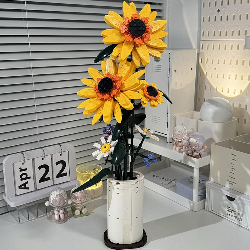 【Цветок из строительных блоков подсолнуха с вазой】 Подсолнух Sunflower Building Blocks Букет в сборе Игрушка для девочки Подарок на день рождения Головоломка для девочки Вечный цветок Новый стиль