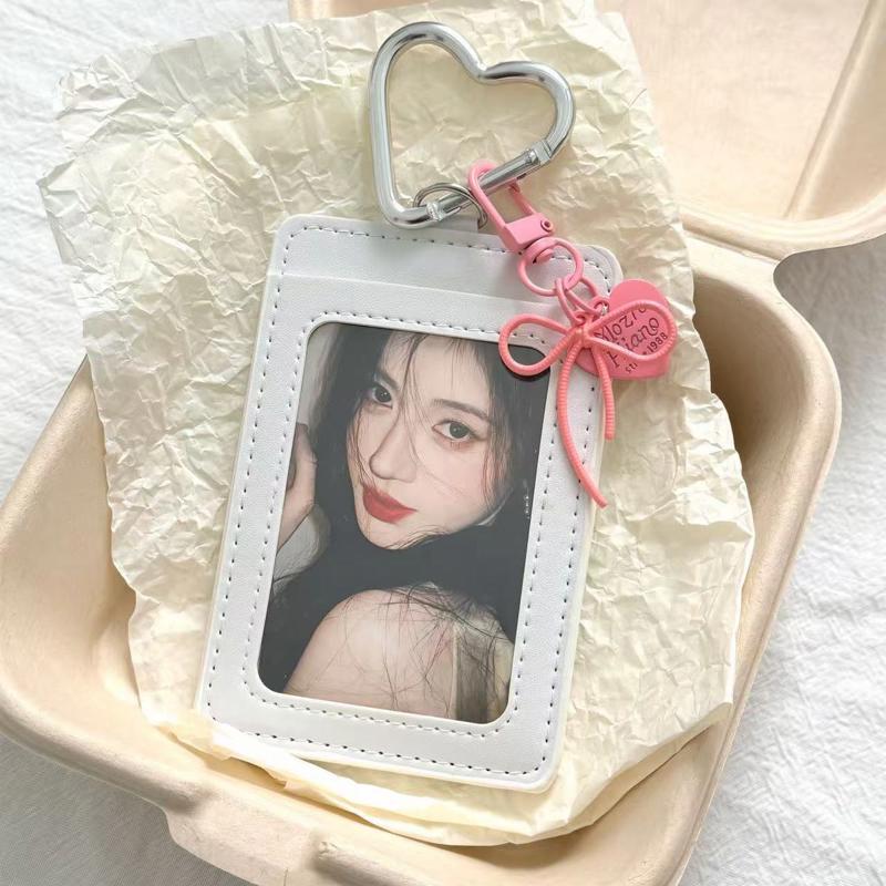 Transparent card holder for Polaroid photos, leather card holder with heart and bow, work ID, access control, campus bus, meal card.