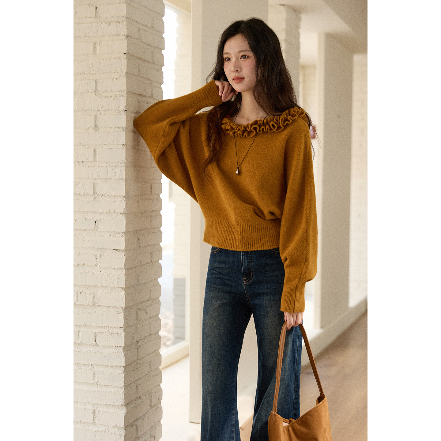 Женский свитер с оборчатым воротником Mystery show, коллекция 2025 года, осень-зима, новый женский свитер с рукавами-фонариками, милый ленивый свитер в стиле ретро, женский