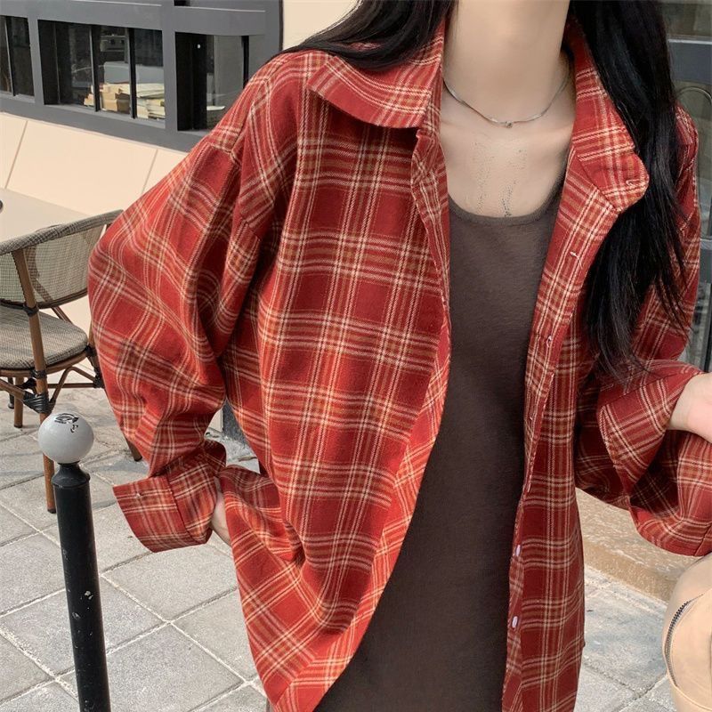 American-style blue plaid shirt for women, new autumn style, retro shirt, loose fit, versatile, casual, slimming, long-sleeved jacket.