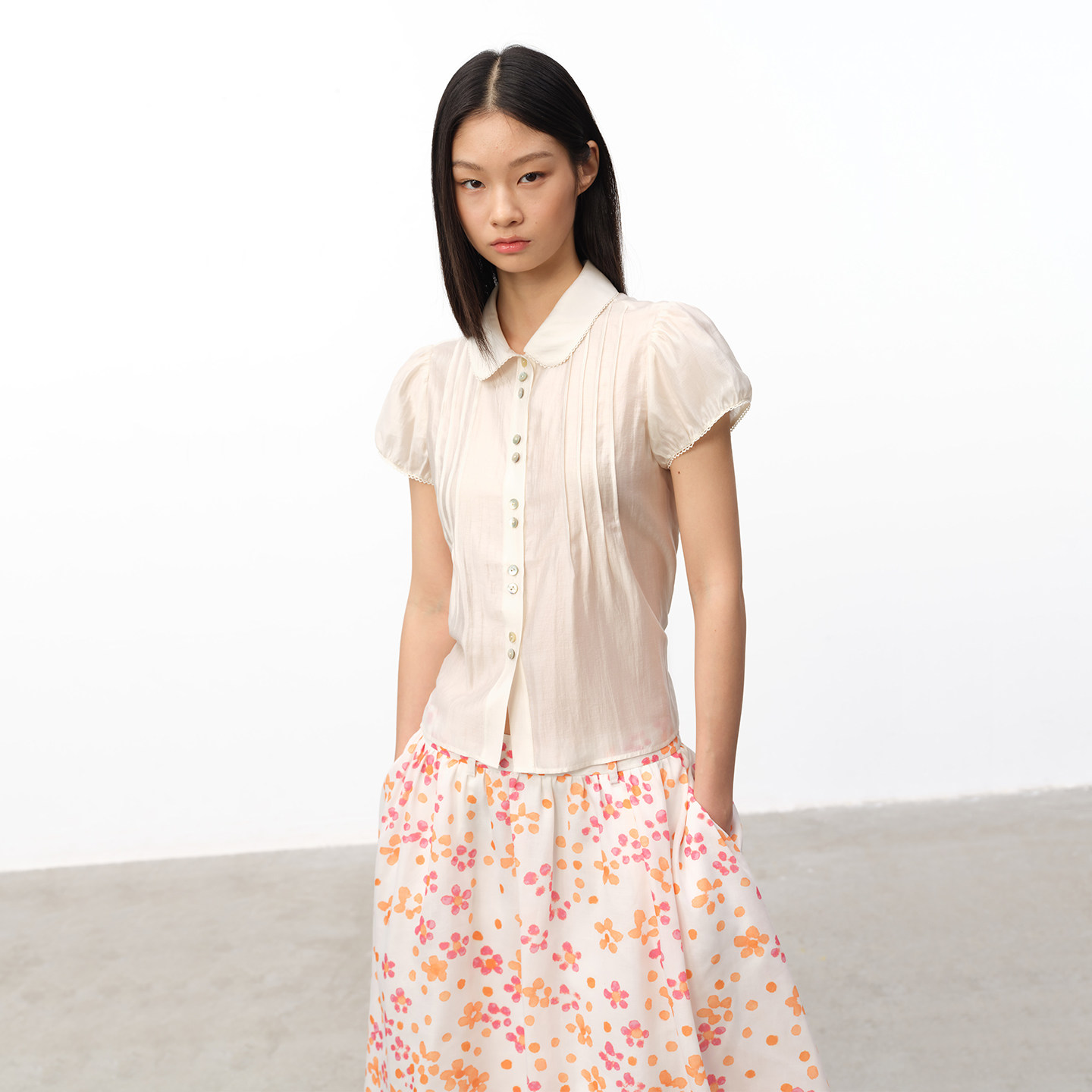 GREEN BELT Summer Breeze 26 Summer Silk Slim Waist White Peter Pan Collar Blouse Women's Puff Sleeve Lace Patchwork