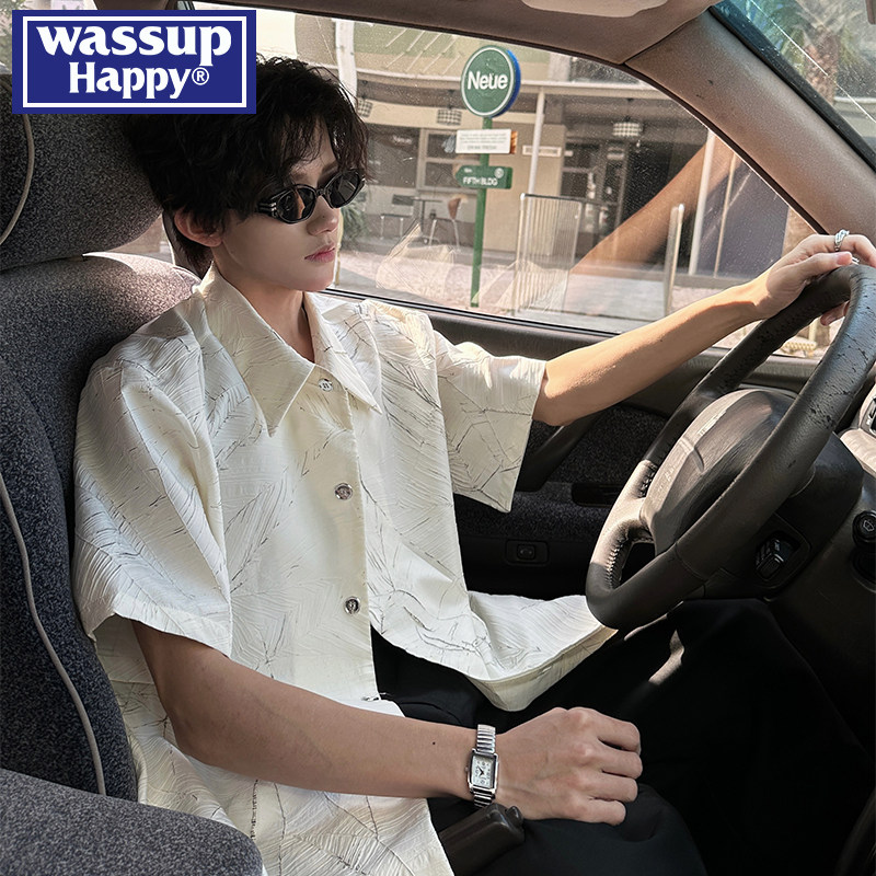 Wassup happy niche texture shirt men's summer thin style teenage trendy brand cool ice silk short sleeved shirt