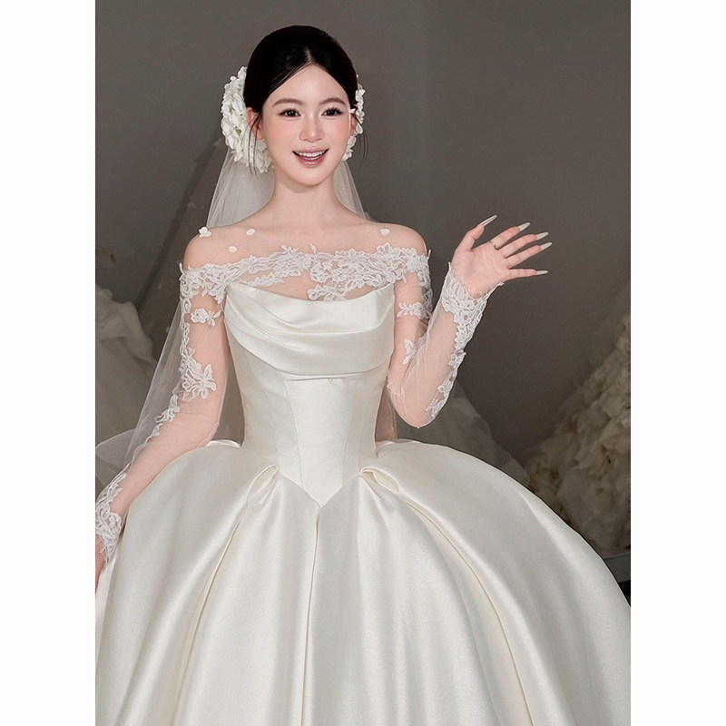 Корейская версия атласного свадебного платья на одно плечо bride 2026, новая основная пряжа, высококачественная текстура, высококачественное элегантное белое кружево