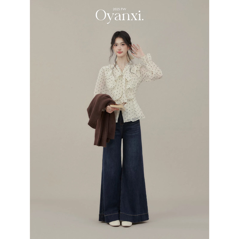 Ouyang happy's "Fun Oxygen" Ruffled Polka Dot Long-Sleeved Shirt, Autumn Bow Tie Inner Layer Top for Women