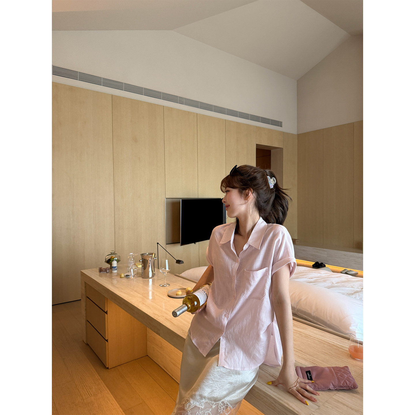 Im Xiangxiangju легко носить!Женская тонкая рубашка Tencel ramie от design sense с ленивым плиссированным топом с короткими рукавами