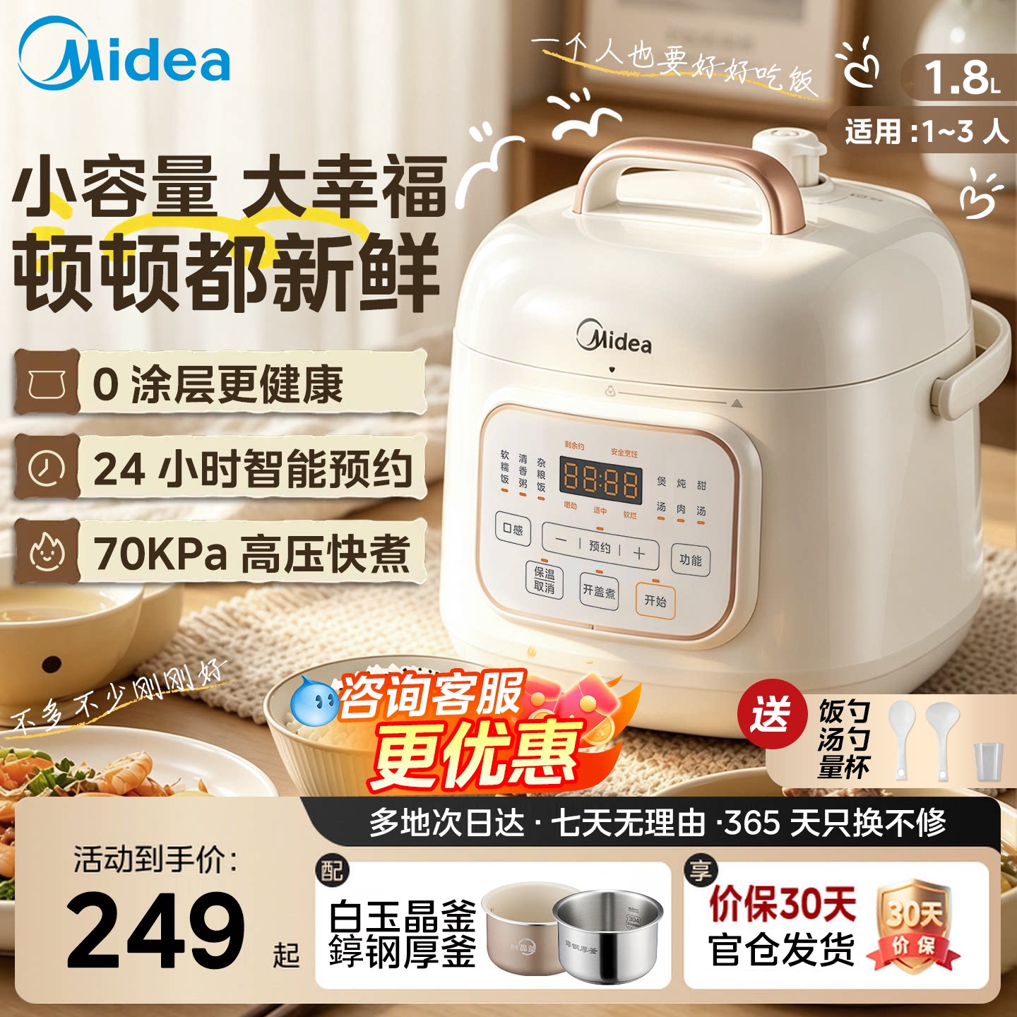 Мини-электрическая скороварка Midea объемом 1,8 л с небольшим вкладышем из нержавеющей стали, тушеная под высоким давлением, 70 кПа, многофункциональный цифровой дисплей бытовой