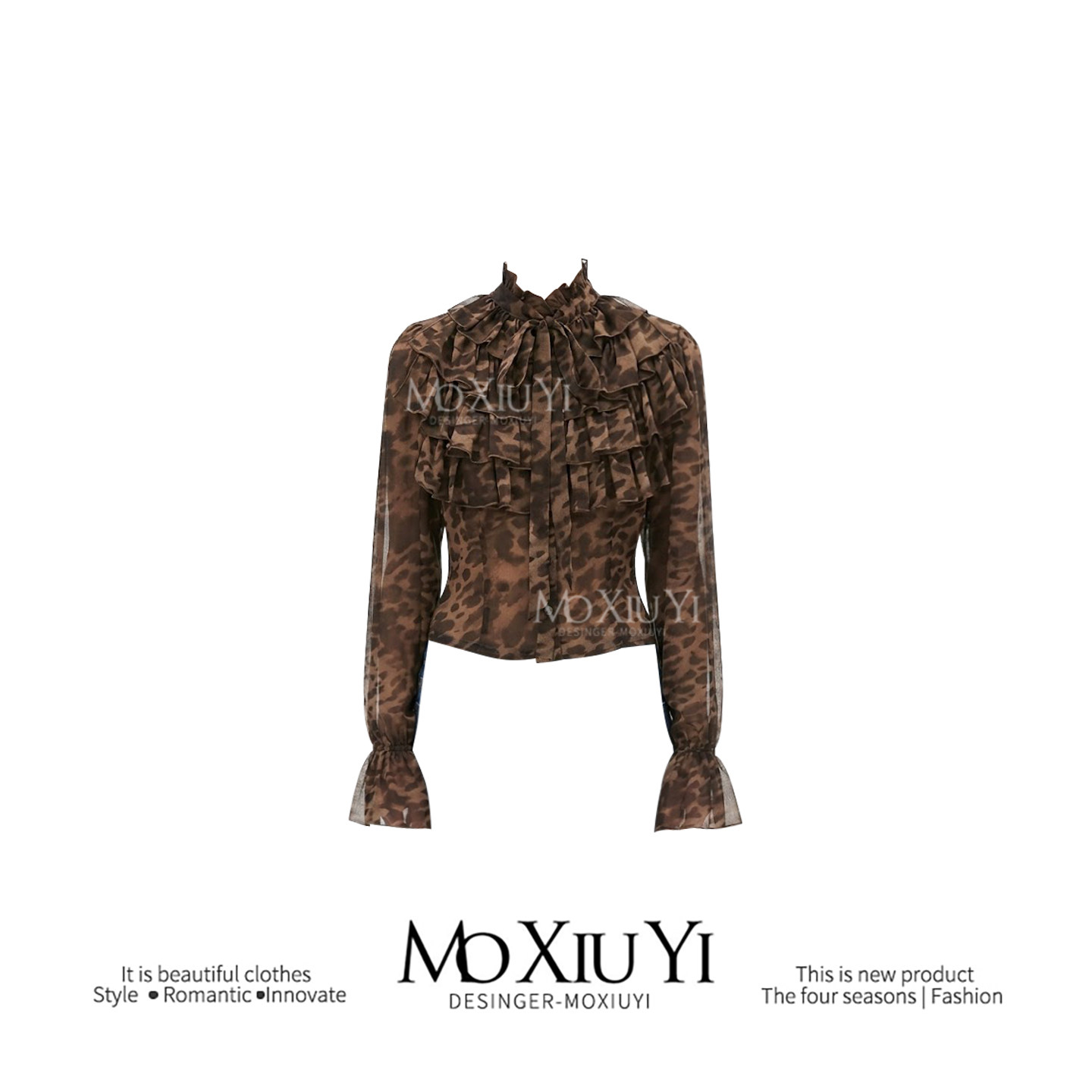 Mo [In Stock] American Retro Court Style Leopard Print Chiffon Blouse, Sexy Girl Outfit, Lantern Sleeve Shirt, Short Top