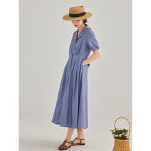 RUBY FUNNY French Kikyo Blue Short sleeved Dress Women's Skin friendly Waist Folding Long Dress High Grade Medium Long Dress