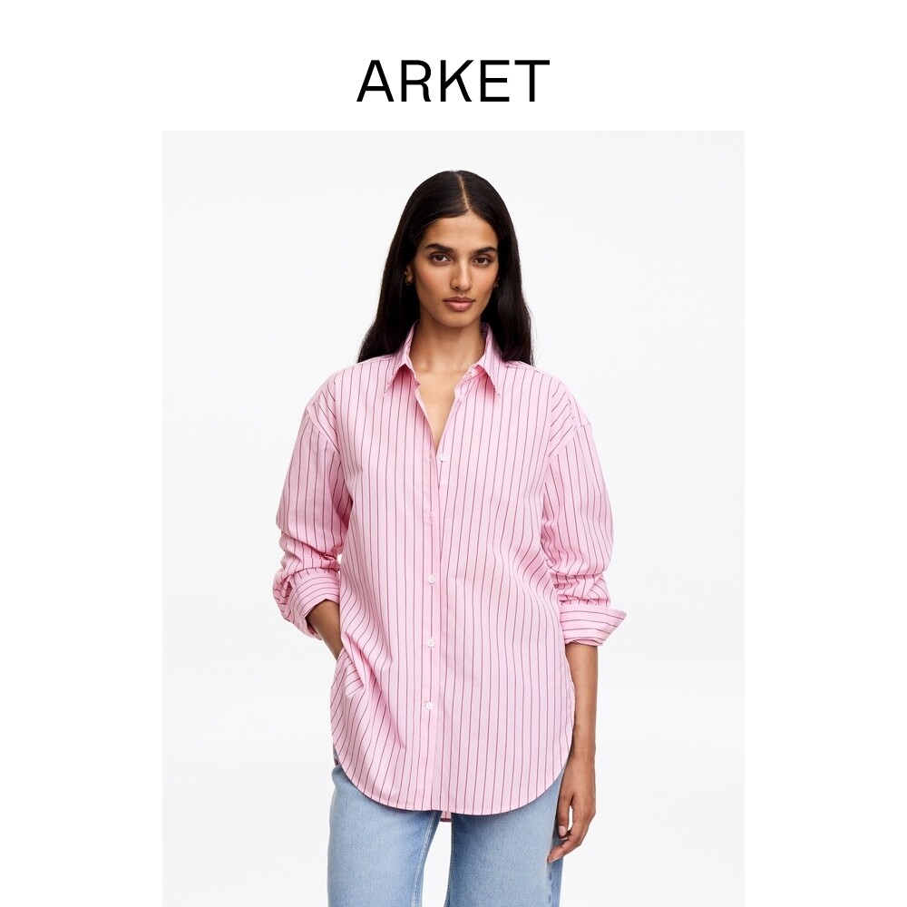 ARKET Women's Pure Cotton Loose Long-Sleeved Striped Shirt, Pink, New Autumn Arrival 1349067004