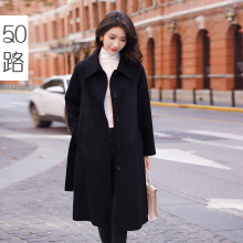 Black double-sided cashmere coat women's mid length 2023 new autumn and winter high-end Hepburn style wool coat