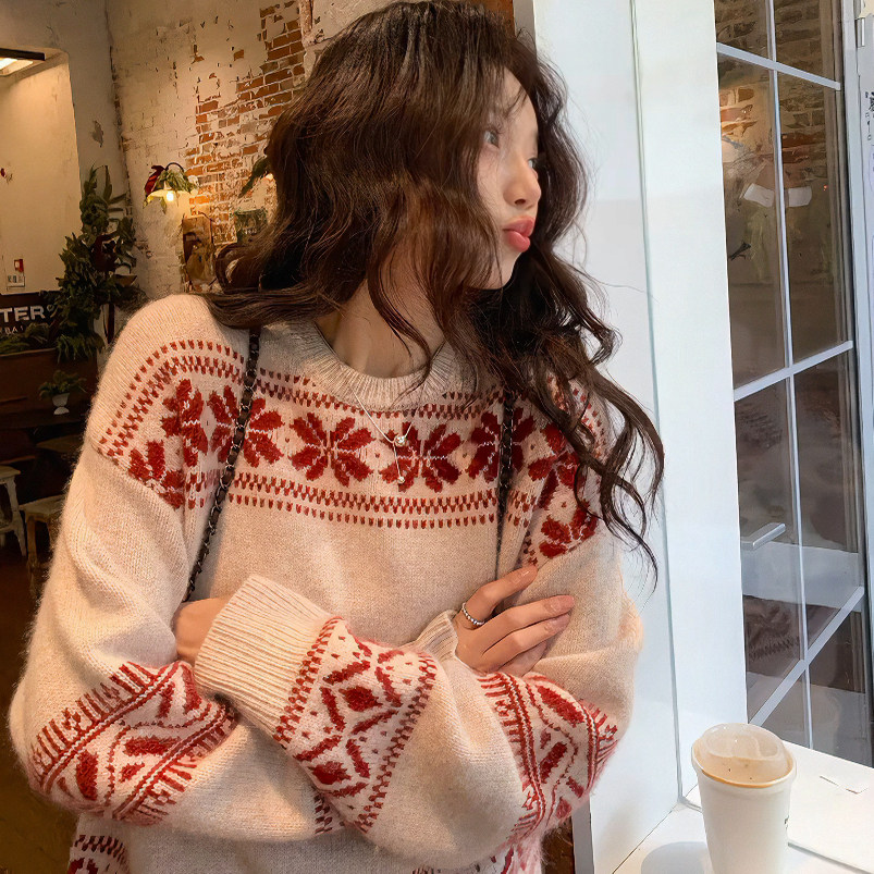 Красный рождественский свитер серии Fair Isle в стиле ретро с круглым вырезом, женский осенне-зимний топ с вышивкой в стиле "ленивый дизайн", атмосферный топ