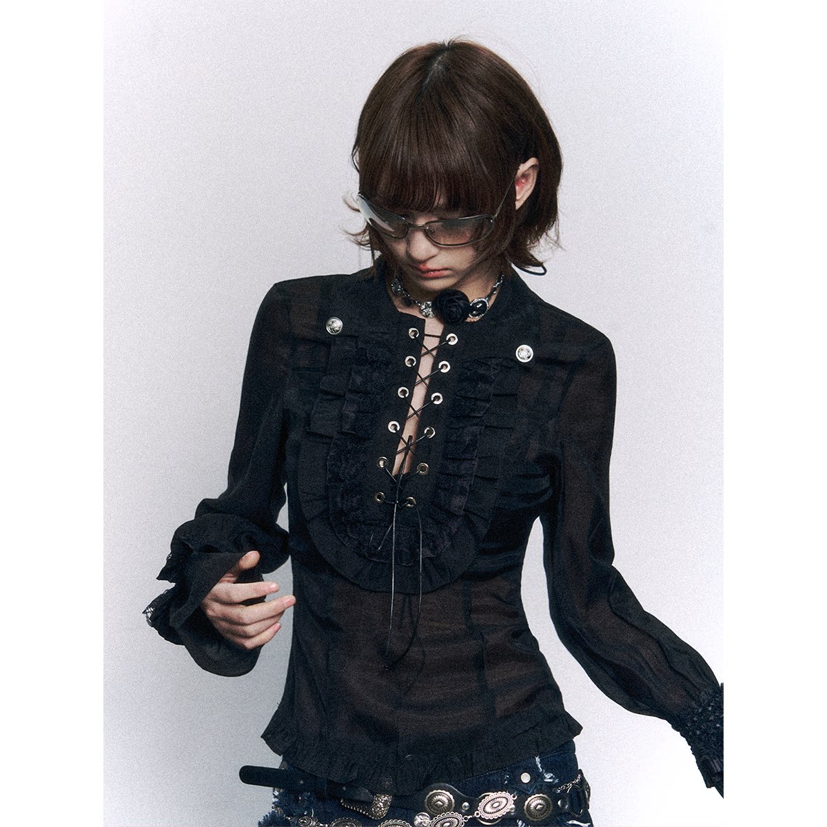 Lost Garden Retro Court Millennium Tie-Waist Ruffled Lace Trim Slightly Sheer Slim Fit Long Sleeve Shirt for Women