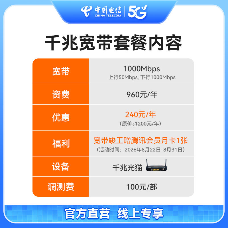[Chengdu Telecom Gigabit] 1000-метровый широкополосный пакет, ежегодный эксклюзивный онлайн-канал в провинции 240