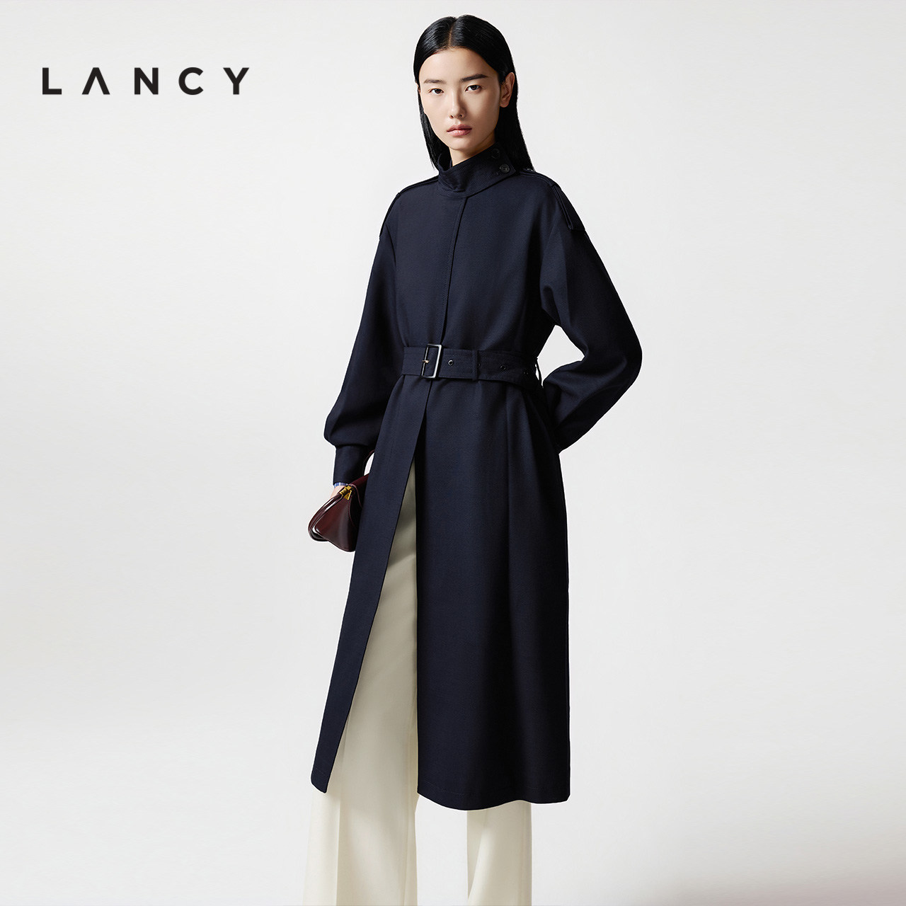 LANCY/Langzi, осень 2025, новинка, высококачественная темпераментная шерстяная ветровка на шнуровке, синее длинное пальто, куртка для женщин