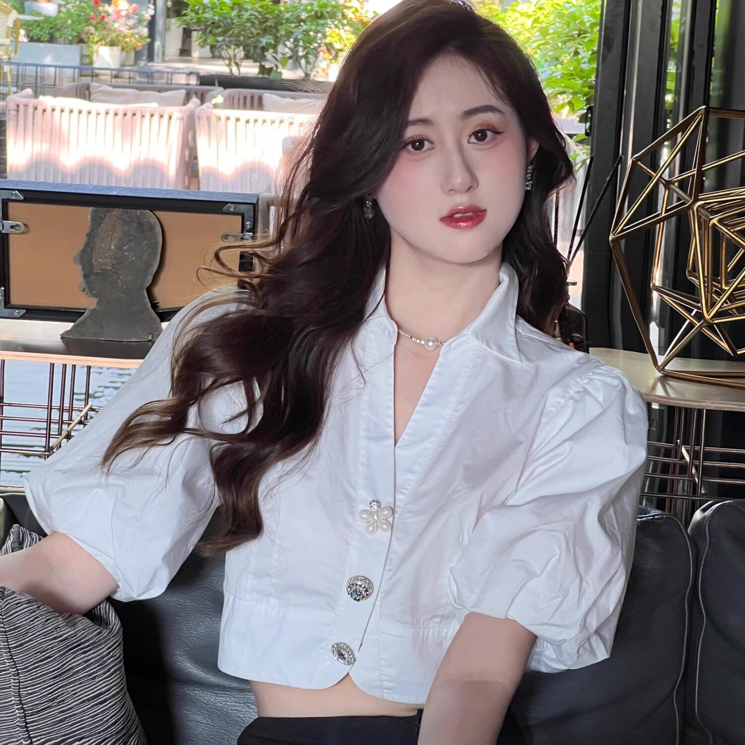 Hollin White Short-Sleeve Shirt for Women, 2025 Summer New Arrival, Rose Story Style, Liu Yifei's Same Style Short Top
