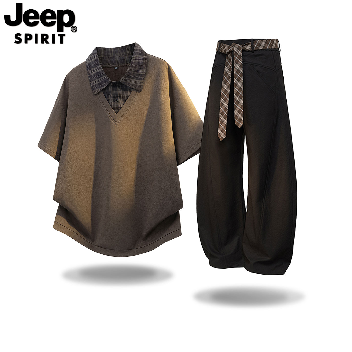 Модный бренд JEEP Jeep tide, повседневный костюм-двойка с короткими рукавами, мужской летний клетчатый костюм с воротником-стойкой, красивый костюм-двойка