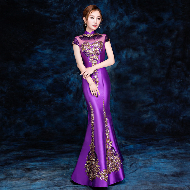 Вечернее платье cheongsam для банкета на подиуме, расшитое пайетками в виде рыбьего хвоста, ведущая модель была тонкой, костюм для выступления команды, сценическое лето