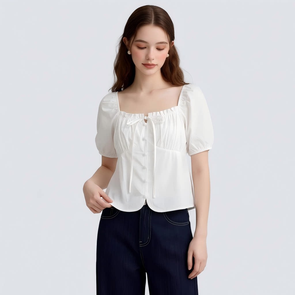 2026 Summer New Sweet Style White Square Neck Puff Sleeve Shirt for Petite Women, Tie-Waist Slimming Short Top