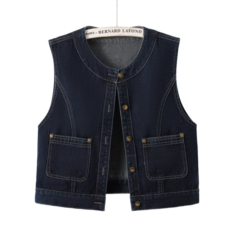 Retro-style round neck denim vest for women, new spring/autumn 2026 style, petite sleeveless vest top.