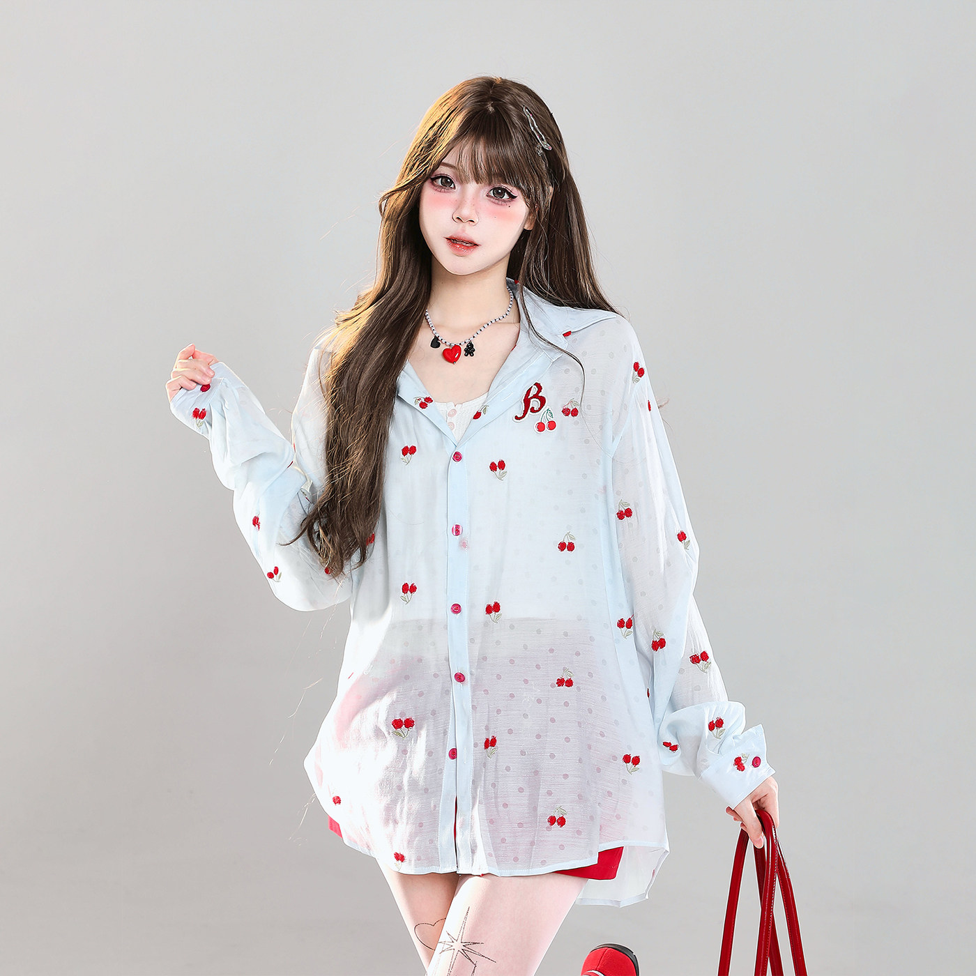 Korean style sweet cherry embroidery lightweight sun-protective slightly sheer long-sleeved shirt for women, summer loose casual cover-up top