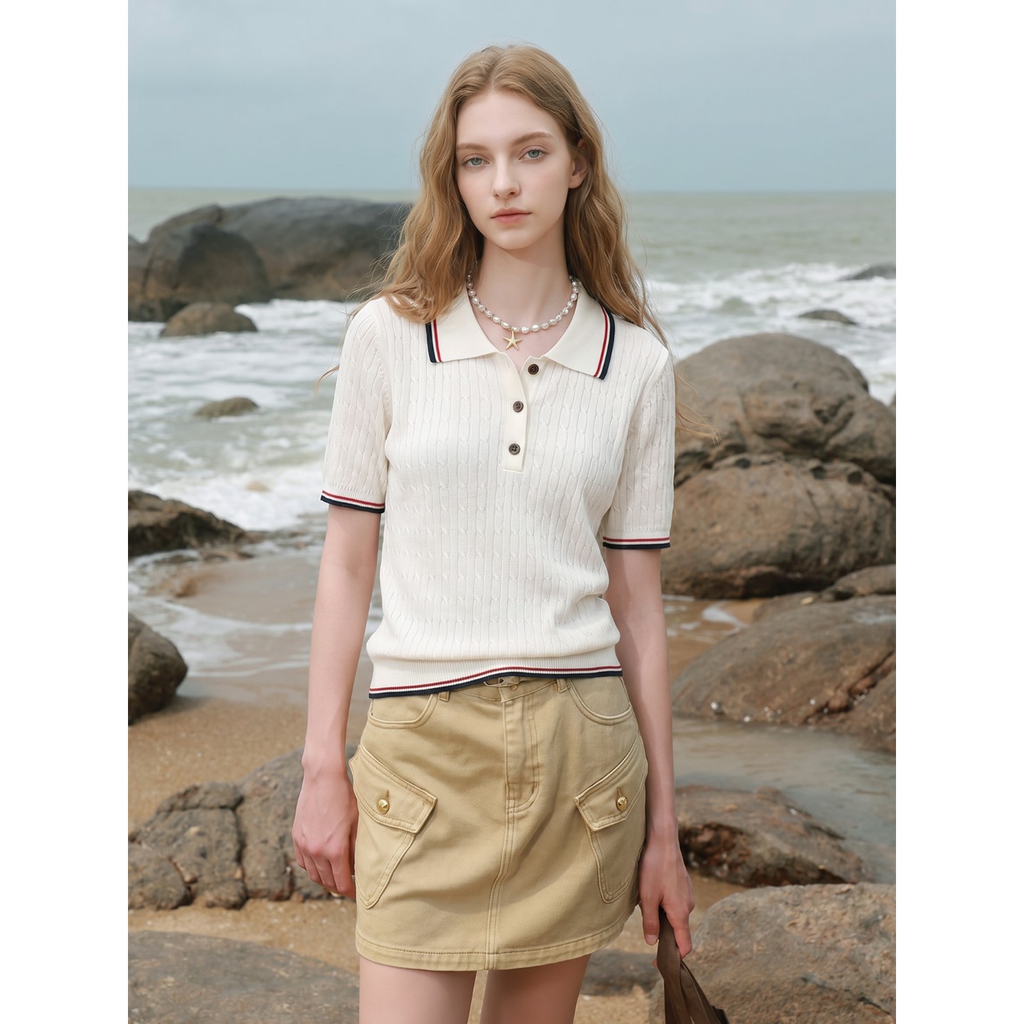 it :CHOCOOLATE White Tencel Knitted Short-Sleeve T-Shirt Women's Autumn Gentle Style Slim Fit Polo Collar Top
