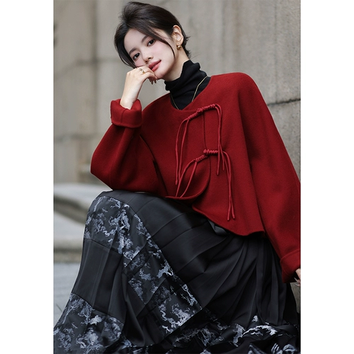 Шерстяное красное короткое демисезонное пальто, куртка, китайский стиль