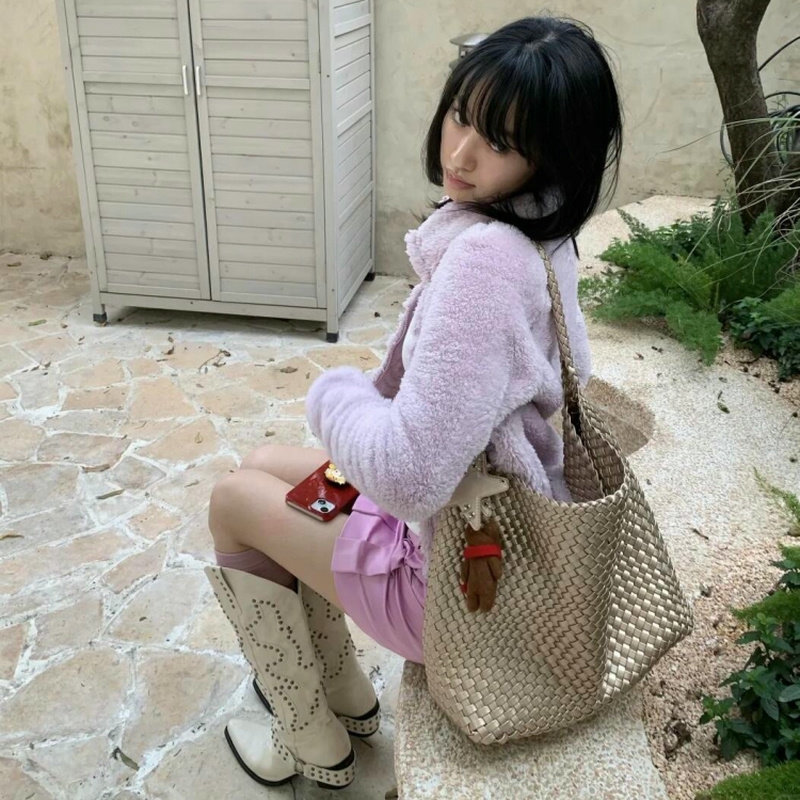 ECODAY оригинальный дизайн, весенне-летняя тканая сумка цвета шампанского, большая вместительная переносная сумка через плечо для поездок на работу, женская мода