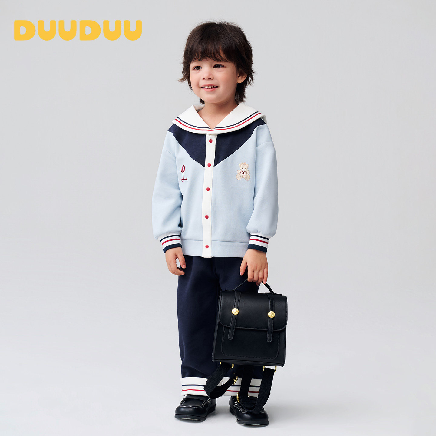 Детский весенний костюм DUUDUU для повседневных прогулок, состоящий из двух частей, куртка с темно-синим воротником для малышей, осенние брюки