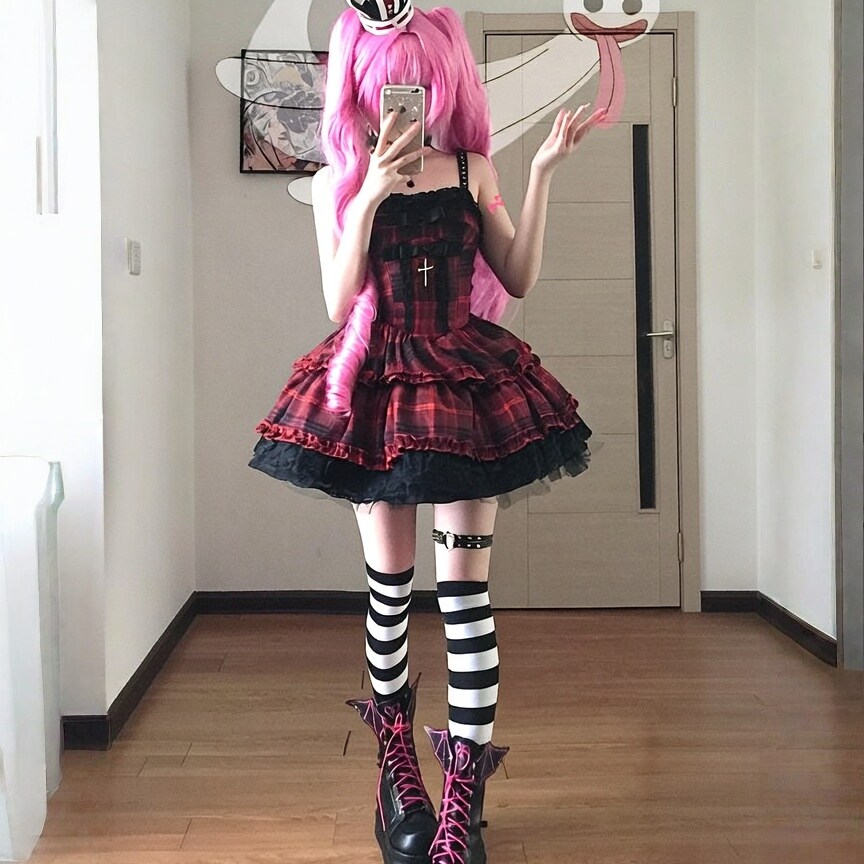 Lolita Gothic Dark Hot Girl Suspender Dress Retro Bow Cake Skirt Punk Style Red Plaid Mini Skirt