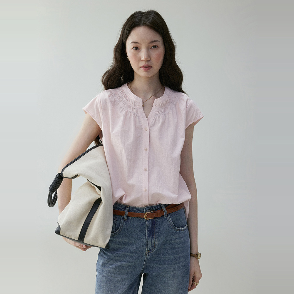 "Wasabi Pie VOOE" Pink Round Neck Short Sleeve Commuter Shirt Women's Size 26 Summer Loose Pleated Casual Top
