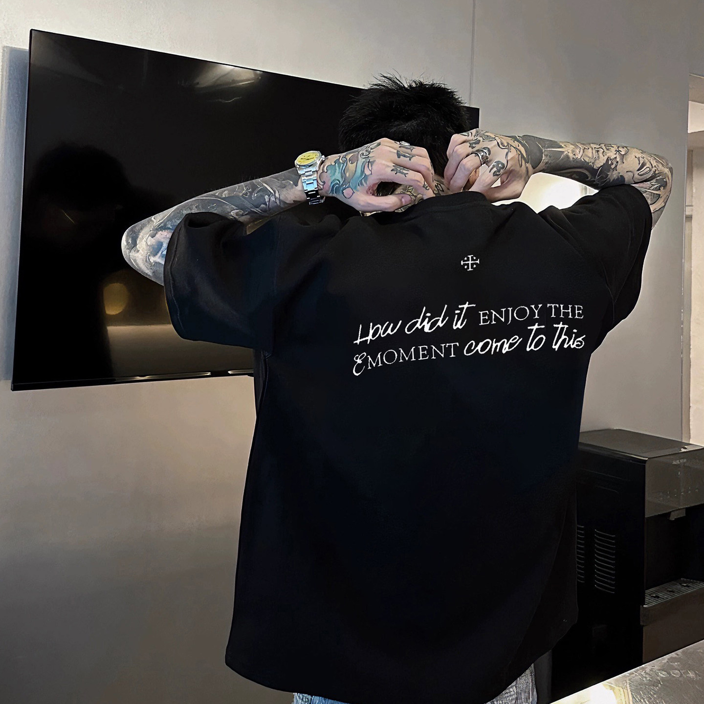 Тяжелая хлопковая футболка tide brand personality T-shirt ruffian beautiful с трендовым принтом, мужская летняя футболка с круглым вырезом, свободная универсальная футболка с короткими рукавами 1