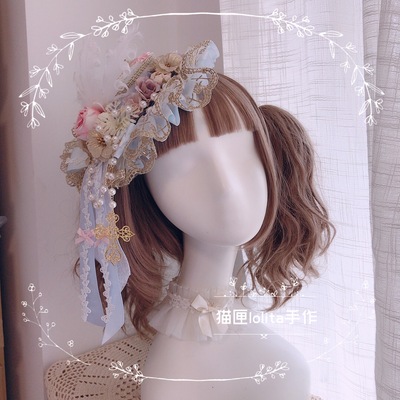 taobao agent lolita手作阿尔克纳之梦粉蓝色独角兽茶会华丽羽毛金色小礼帽发饰