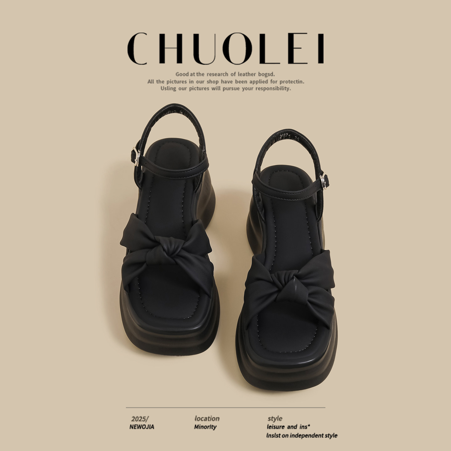 Женские босоножки-бисквит на толстой подошве в новом весеннем стиле super fire black с однотонным поясом...
