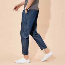 Summer washed jeans, men's elastic waist with drawstring and small feet, men's pants, pure cotton, breathable, loose and casual cropped pants