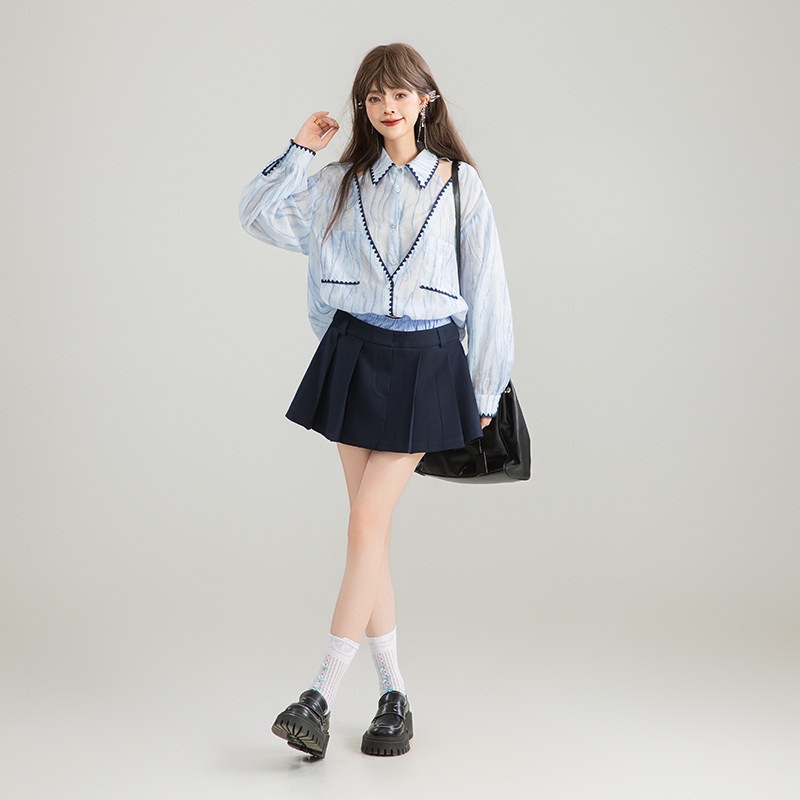KEIKO [Lyocell Tencel] Sheer, hazy, glass-like blue shirt, autumn light luxury style loose top