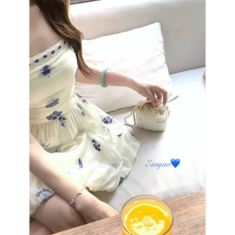Новый китайский стиль, национальный стиль EIA Yiyao [Sea salt coco], французское платье на подтяжках, летний кардиган с вышивкой, юбка в виде бутона цветка