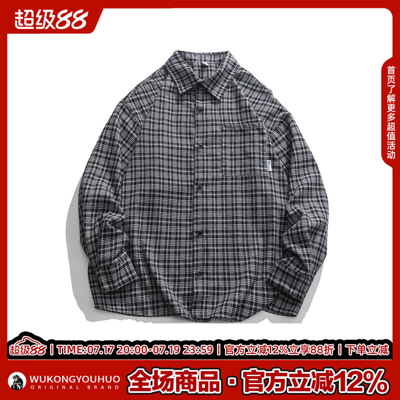 悟空 В наличии японская уличная клетчатая рубашка контрастного цвета с длинными рукавами для мужчин и женщин в стиле ретро, свободная повседневная куртка для пары в стиле bf