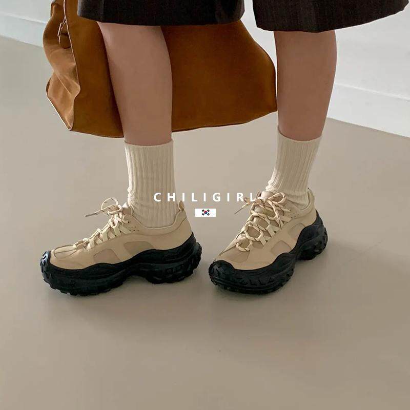 CHILIGIRL/ корейская обувь Dongdaemun/ обувь для папы на толстой подошве и шнуровке; уличная уродливая милая обувь с шинами в тон по цвету; женская повседневная обувь