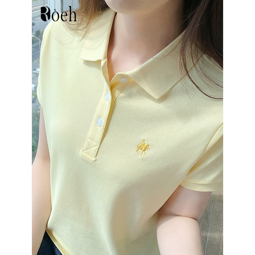 ROEH Summer 2026 New Pure Cotton Polo Shirt/T-Shirt, Short Sleeve Women's Collared T-Shirt, Casual Embroidered Collared Half Sleeve Women's