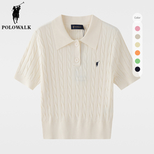 POLOWALK Women's short sleeved sweater polo shirt Spring and summer new twist fit T-shirt lapel Fried Dough Twists sweater