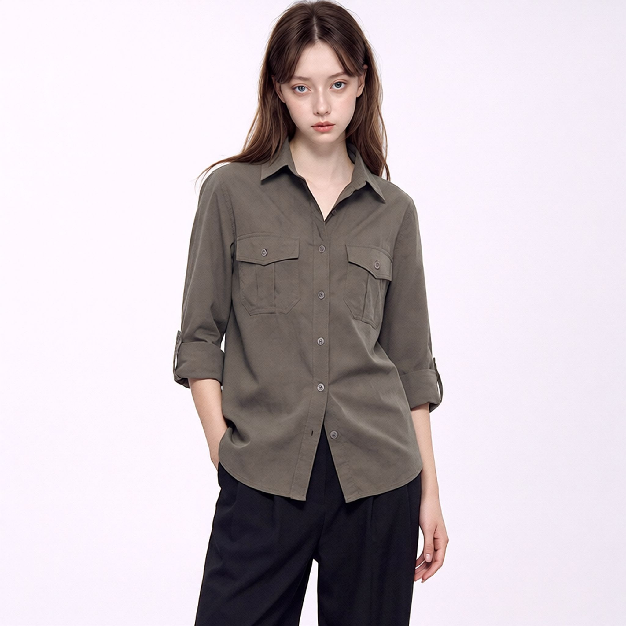 Retro military green workwear lyocell blend collared mid-length sleeve long-sleeved shirt for autumn