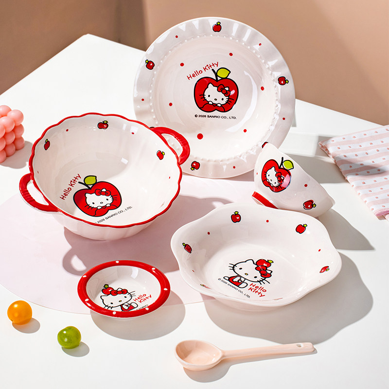 Керамическая миска для риса HelloKitty с подглазурным рисунком, бытовая милая детская посуда, мультяшная комбинация высококачественных блюд и палочек для еды