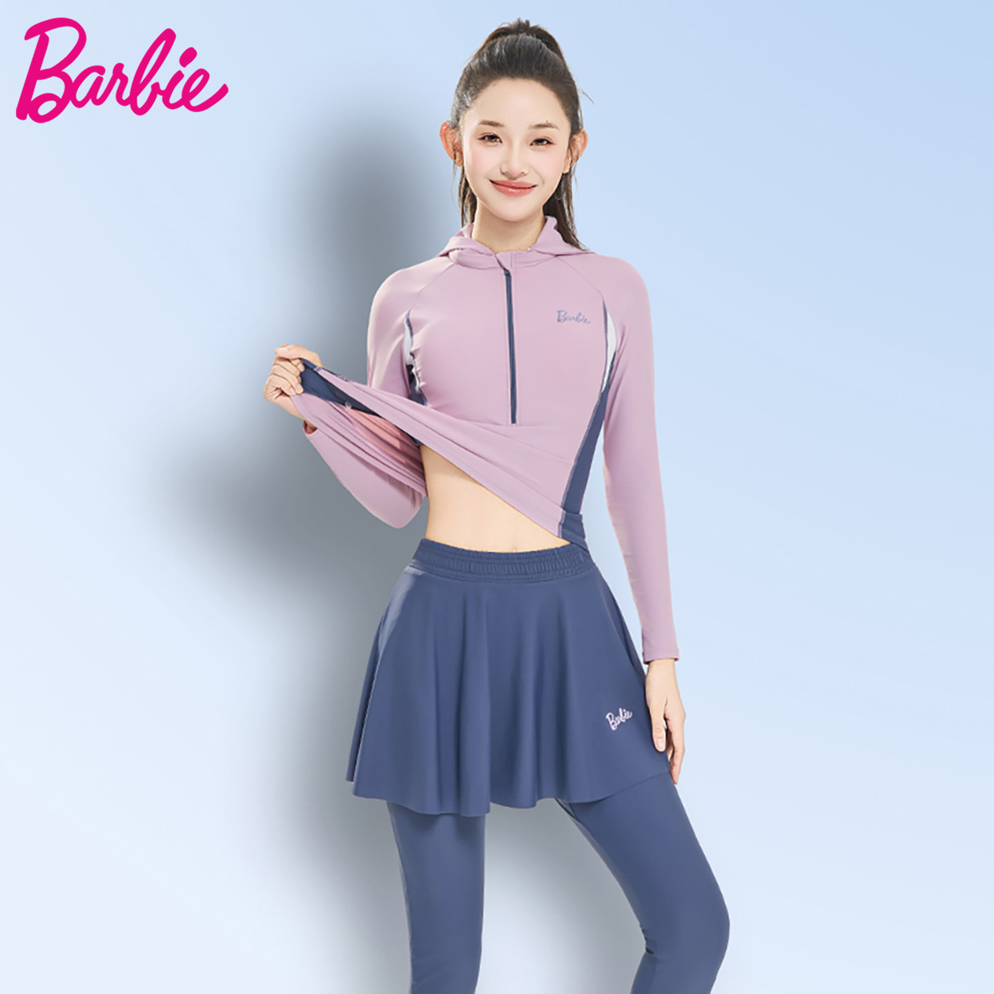 Женский купальник Barbie с брюками и длинными рукавами, новинка 2026 года, консервативный раздельный купальник с тонким и закрытым животом, тренировочный костюм для подводного плавания на берегу моря