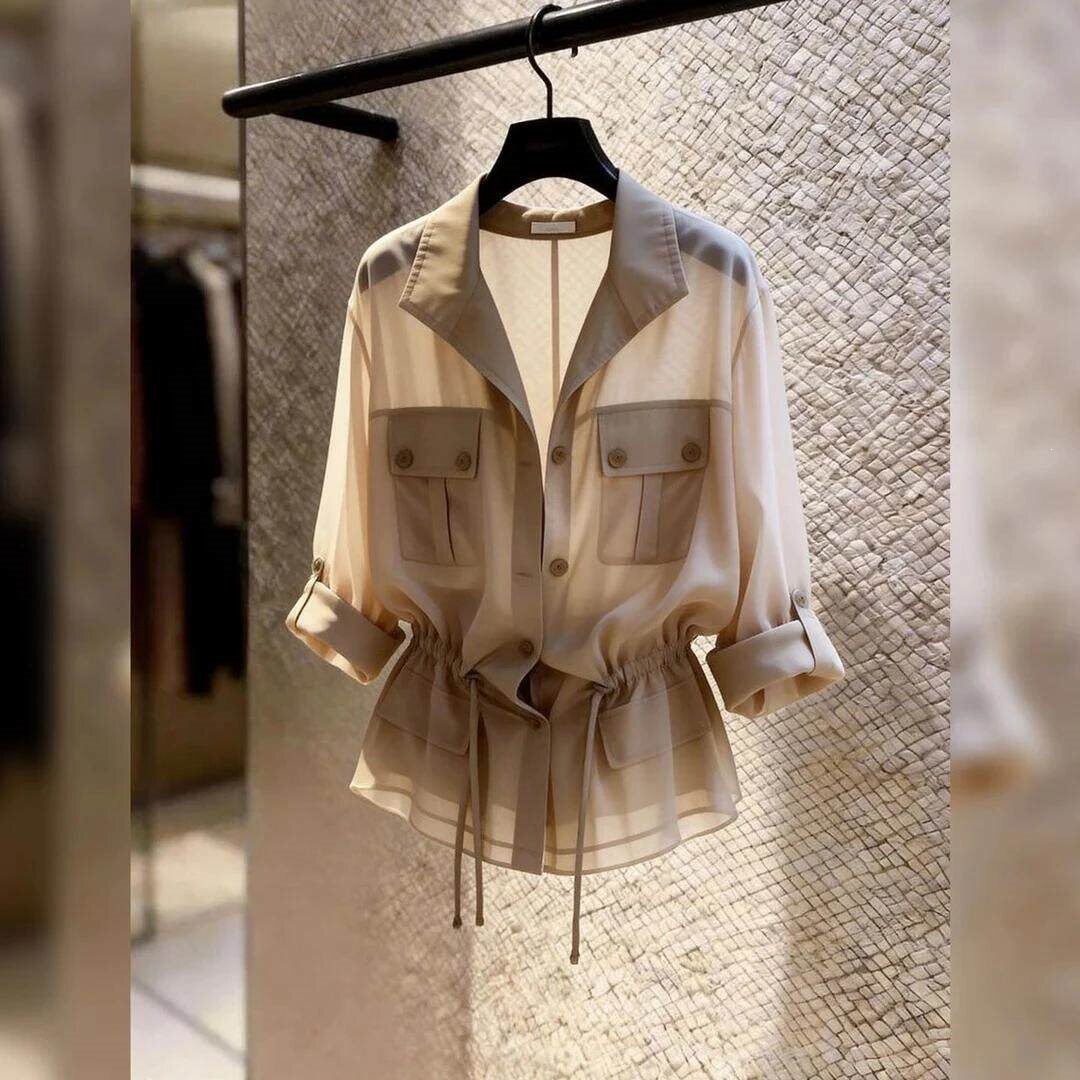 French-style long-sleeved sun-protective shirt for women, new spring/summer style, fashionable workwear-inspired, versatile top.