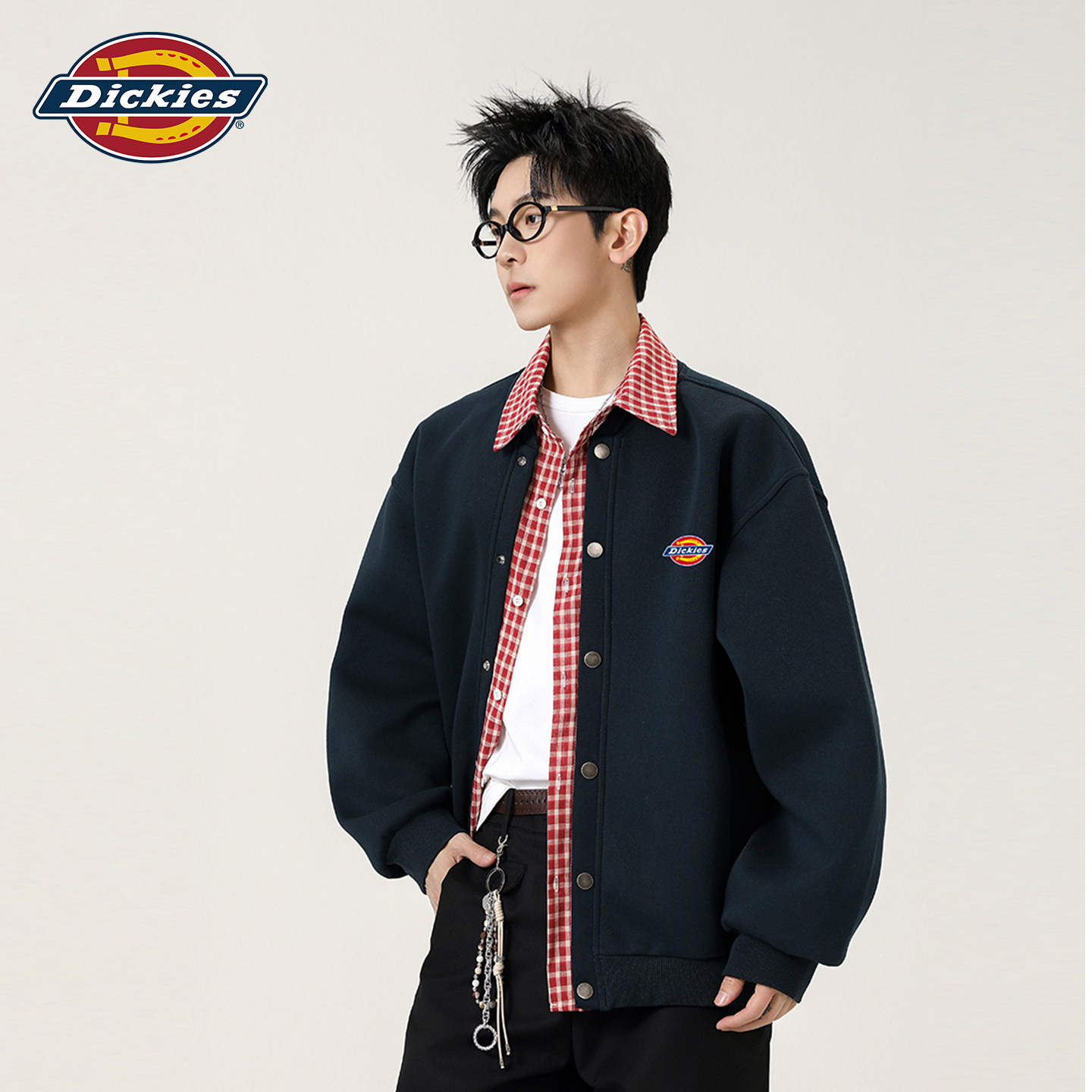 Dickies美式假两件格纹拼色开衫卫衣男秋季潮牌宽松休闲翻领外套