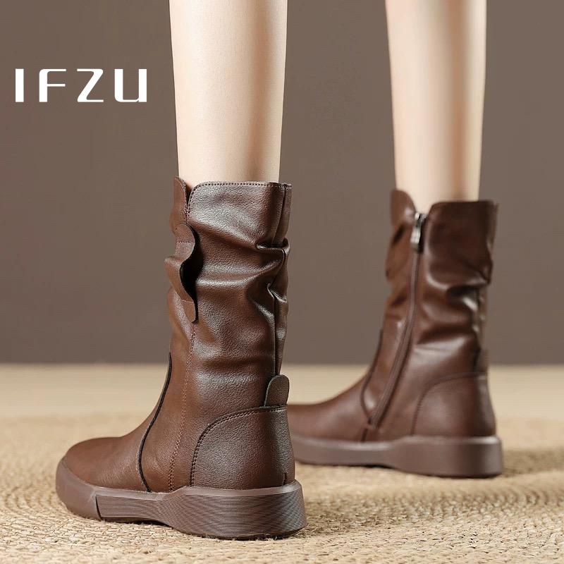 Женские кожаные сапоги до середины икры; сезон весна-осень; новинка 2025 года; универсальные сапоги с ворсом в стиле ретро от Maillard; рыцарские сапоги на плоской подошве